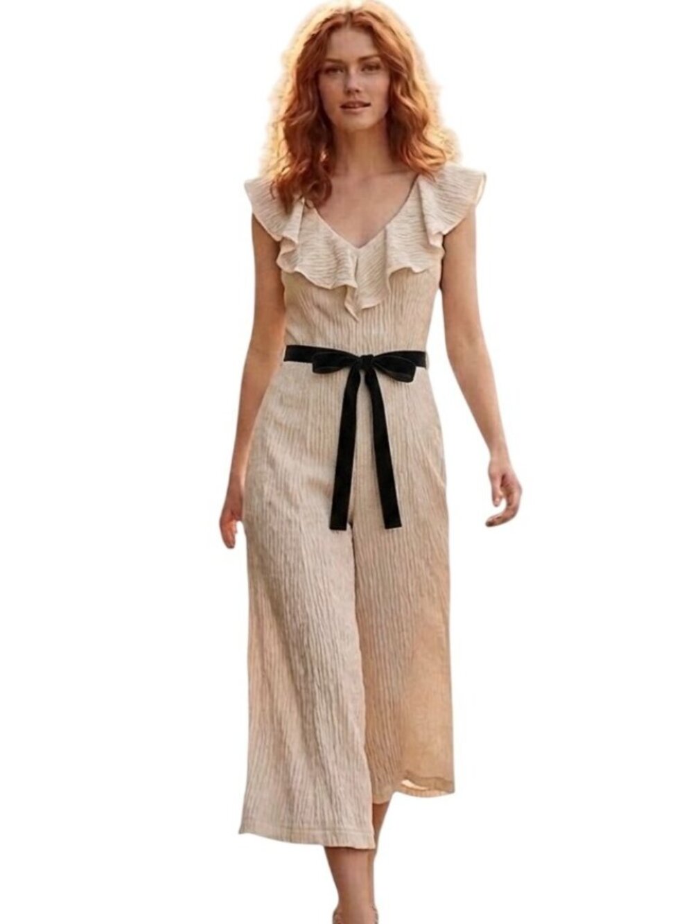 Paper Crown Anthropologie Tan Ruffle Accent Sleeveless Jumpsuit Size 4 Travel